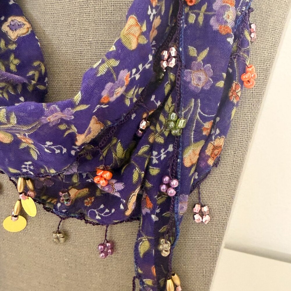 Traditional Turkish Oya Neck Violet  Scarf Bead & Needle Lace on Lawn Cotton - Picture 9 of 16
